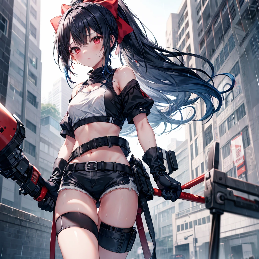 ((Highest quality)), ((masterpiece)), ((detailed)), (4K), a girl with black hair and a top with short sleeves holding a screw driver, 1girl, 独奏, long hair, blue hair, navel, gloves, shorts, breasts, sweat, wrench, short shorts, very long hair, underwear, panties, holding, belt, arm up, ponytail, small breasts, blurry background, gray sky, rain, looking at viewer, black gloves, white panties, sports bra, wiping sweat, bow, bare shoulders, bangs, cowboy shot, red eyes, midriff, hair bow, (expressionless), face focus