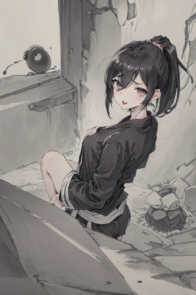 (Highest quality、High resolution、8K、masterpiece: 1.2)。（Beautiful curves but slim）、（High angle shot）、A picture of a monster drawn in black paint on a concrete wall。A beautiful girl is seen smashing a part of the concrete wall, along with the picture of the monster, into pieces.。（1 Beautiful Girl：Ninjutsu User、Straight punch、Casual clothes、Disheveled clothes、ponytail、teeth、tongue）、Perfect Face、((short hair:1.2))、(Hair above one eye:1.3)、The method of crushing、It is a powerful punch with bare hands.。