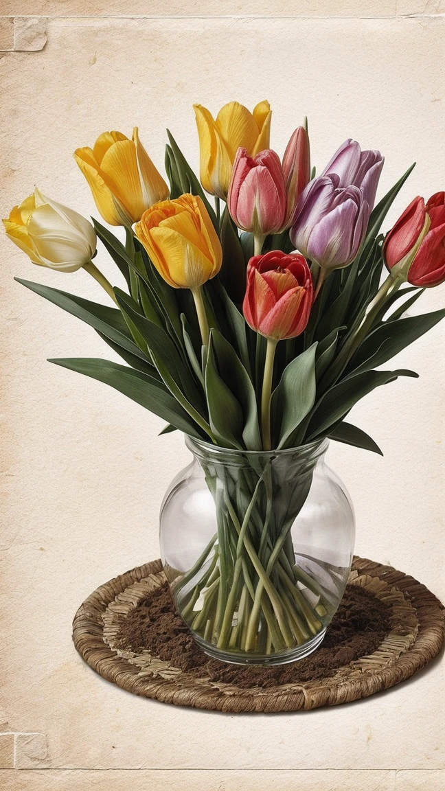 make a spread of different types of flowers, like roses, tulips and daisies. Join them as if they were a single plant. Do it as if it were a print on paper