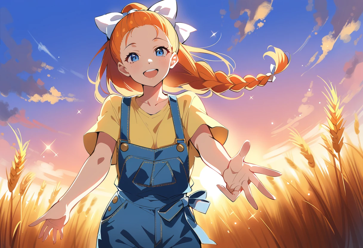 pewarnaan character, visual illustration, @ANN, ann \(harvest moon\), ran \(bokujou monogatari\), aged up, 1girl, solo, ponytail, braid, braided ponytail, single braid, forehead, solo, (overalls), outdoors, sky, wheat, field, (blue overalls), smile, blue eyes, wheat field, looking at viewer, breasts,short sleeves, yellow shirt, orange hair, blonde hair, cowboy shot, collarbone, collared shirt, cleavage, denim, upper teeth only, medium breasts, standing, teeth, oversized clothes, long hair, partially unbuttoned, pants, oversized shirt, buttons, head tilt, flat chest, hair bow, white bow, tomboy, round teeth, plaid shirt, denim overalls, mature female, tall, tall female, slim body, freckles, twilight, cloudy sky, scenery, reaching, grass, floating braid, sunset, cloud, scenery, jeans, bow, hair ribbon, sparkle, sunbeam, light rays, highres, 4k, 8k