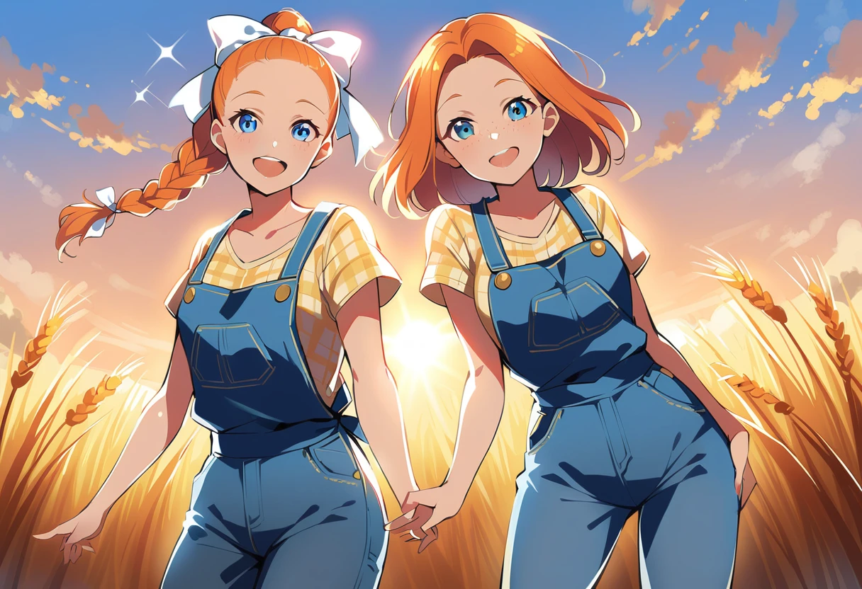 pewarnaan character, visual illustration, @ANN, ann \(harvest moon\), ran \(bokujou monogatari\), aged up, 1girl, solo, ponytail, braid, braided ponytail, single braid, forehead, solo, (overalls), outdoors, sky, wheat, field, (blue overalls), smile, blue eyes, wheat field, looking at viewer, breasts,short sleeves, yellow shirt, orange hair, blonde hair, cowboy shot, collarbone, collared shirt, cleavage, denim, upper teeth only, medium breasts, standing, teeth, oversized clothes, long hair, partially unbuttoned, pants, oversized shirt, buttons, head tilt, flat chest, hair bow, white bow, tomboy, round teeth, plaid shirt, denim overalls, mature female, tall, tall female, slim body, freckles, twilight, cloudy sky, scenery, reaching, grass, floating braid, sunset, cloud, scenery, jeans, bow, hair ribbon, sparkle, sunbeam, light rays, highres, 4k, 8k