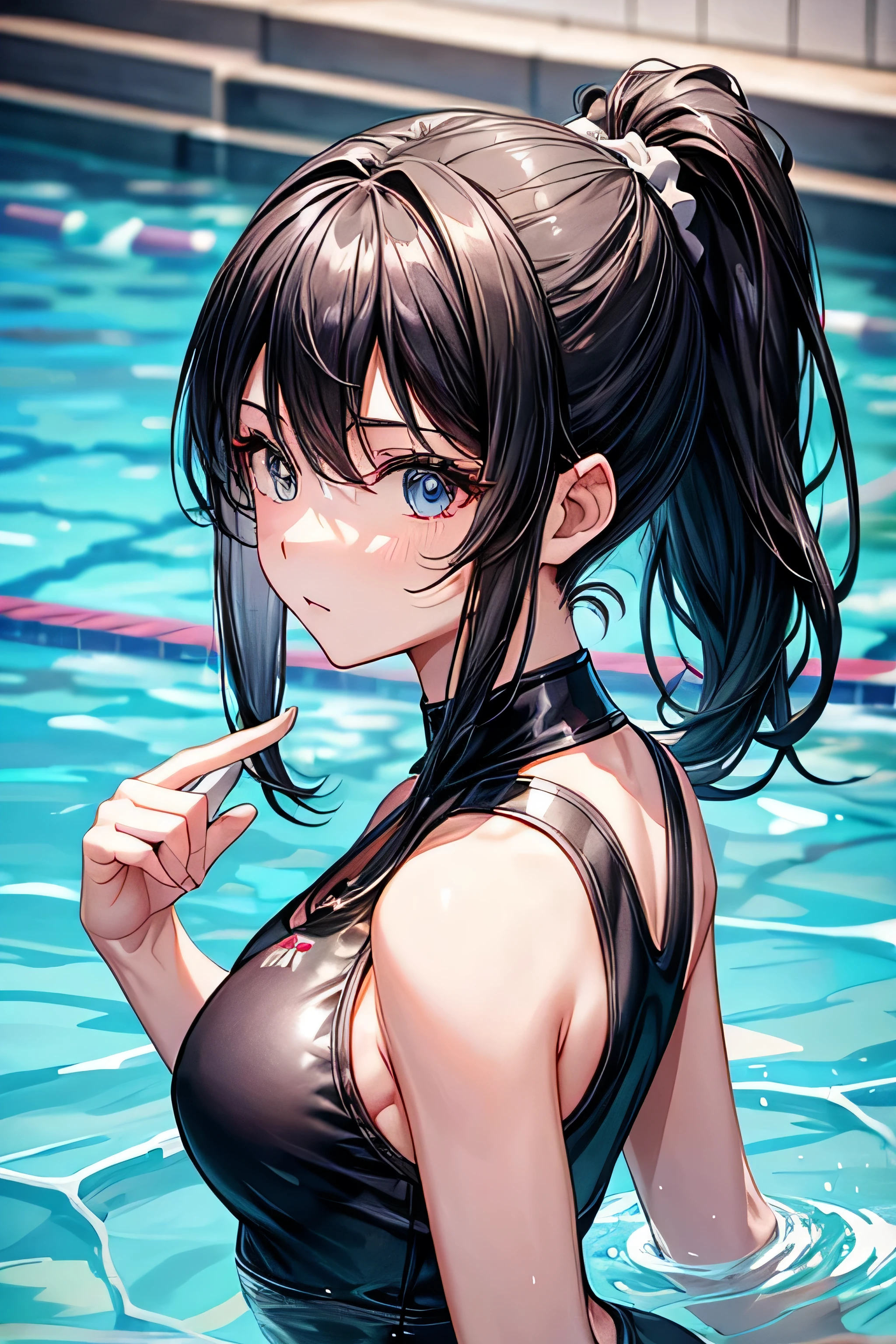 1 girl, watery big eyes*Su Jiushui*Wet hair*hair open*ear studs*swimmingpool>,, Low RA:Add to_the detail:1，One-piece swimsuit，flatchest，back