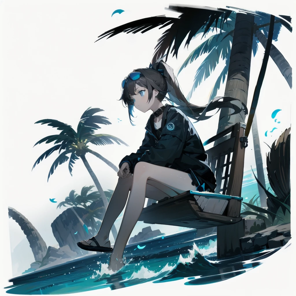 [(White background:1.15), ::2]alone, medium shot, whole body，small stature，Brown flowing ponytail，black collar， Black and blue theme swimsuit，bikini，blue eyes，cold，starlight，Ocean滩，coconut tree，blue glowing flower，blue floating water，Ocean，sitting on the swing，very blooming，Black open flowing windbreaker，wet，Sunglasses on the head，（（Black day）），depressing atmosphere，sad，low saturation