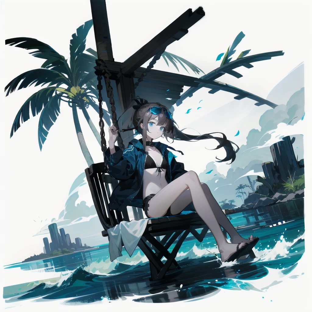 [(White background:1.15), ::2]alone, medium shot, whole body，small stature，Brown flowing ponytail，black collar， Black and blue theme swimsuit，bikini，blue eyes，cold，starlight，Ocean滩，coconut tree，blue glowing flower，blue floating water，Ocean，sitting on the swing，very blooming，Black open flowing windbreaker，wet，Sunglasses on the head，（（Black day）），depressing atmosphere，sad，low saturation