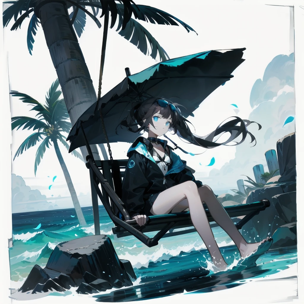 [(White background:1.15), ::2]alone, medium shot, whole body，small stature，Brown flowing ponytail，black collar， Black and blue theme swimsuit，bikini，blue eyes，cold，starlight，Ocean滩，coconut tree，blue glowing flower，blue floating water，Ocean，sitting on the swing，very blooming，Black open flowing windbreaker，wet，Sunglasses on the head，（（Black day）），depressing atmosphere，sad，low saturation