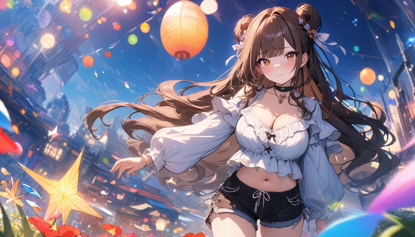 (masterpiece), best quality, very aesthetic, newest, absurdres, detailed, high quality
BREAK
highest quality, top quality, details, highres, ultra fine painting, digital art, official art, cinematic, 4k, 8k resolution, 8K CG wallpaper, CG, original artwork, detailed background, colorful background, blue atmosphere, High Dynamic Range, blurry background, blue hour, Starburst effects, crepuscular rays, good ISO, high resolution, wide shot, from far away, RAW photo, POV, sharp focus, light reflection, reflections, intricate details, soft light, particle noise, professional photography, bokeh, depth of field, natural lighting, vibrant colors, looking away, detailed lights and shadows, stylish, ultra-detailed, top rated on Pixiv, trending on Artstation, niji style, modern-days, master crafted, pose
BREAK
solo, (close up), 1girl, pale skin, correct fingers, detailed hand, (big breasts:1.2), big thighs, small torso, short body, flushtered, blush, anxious expression, embarassed, embarassed act, casual, slim, ((cute, childlike face):1.3), nice body, nice hips, brown hair, (very long flowing hair), (big 2 buns hairstyle)), long bangs, long hair, middle hair bangs, brown eyes
BREAK
(white frilly loose-fitting crop shirt, long sleeve, string sweatshorts, cleavage, choker, casualwear style, detailed tummy, belly button, modern fashion)
BREAK
tranquil park scene, the park features lush, green grass, a variety of trees in different shapes and sizes, Include a vibrant flower garden with a mix of colorful blooms. image size 16:9