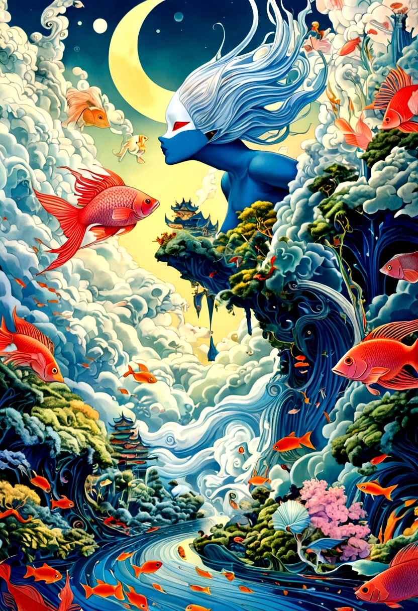 A detailed and complex、Surreal、Fantastic digital artwork, A masked figure appeared in the sky, Fish Chase, (((James Jean Style)), Very detailed, light, Vibrant colors, Reality, 8K, (best quality:1.2), (masterpiece:1.2), (Photo-realistic:1.37), (Extremely detailed:1.2), Complex patterns, Beautiful composition, sharp contrast, Dynamic Movement, Ethereal atmosphere, Fine texture, Lush surroundings, 富有想象力的Surreal风景
