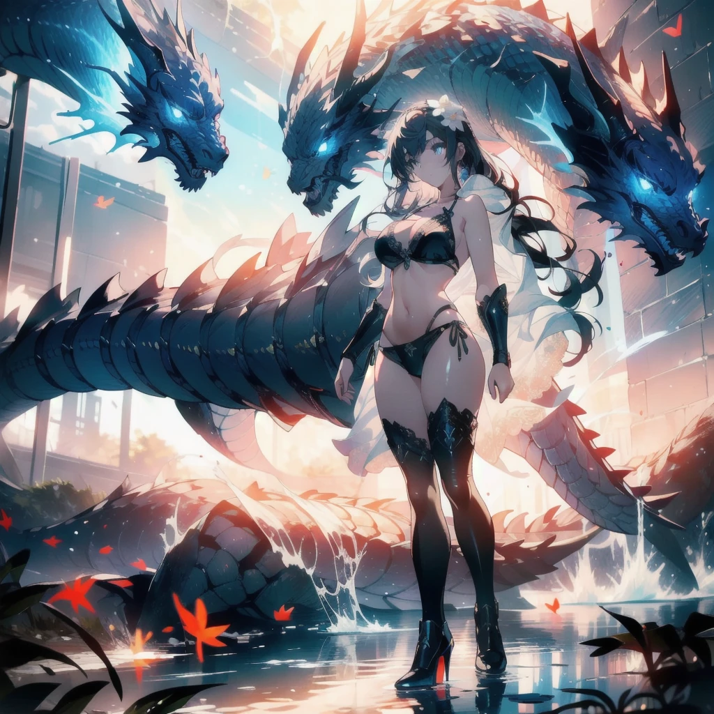 ((masterpiece, best quality)), Epic battlefield atmosphere，Delicate face，Dragon Girl，sunshine，whole body，Standing picture，glowing eyes，Large Breasts，Gradient white long wavy hair，Perfect body proportions，Pure white background，Water Ripples，Lace，flower，Fallen Leaves，Sex bikini，High heel