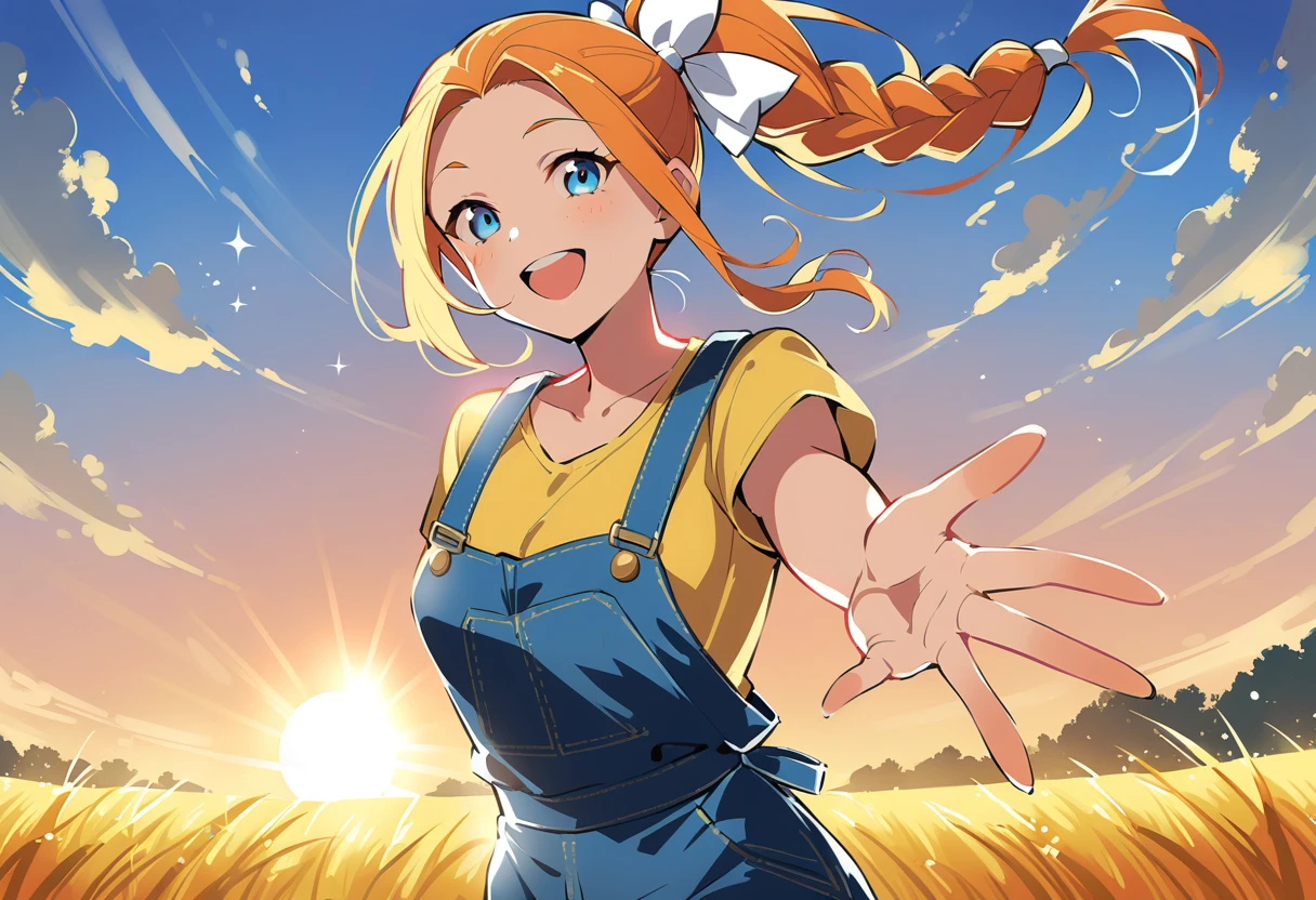 pewarnaan character, visual illustration, @ANN, ann \(harvest moon\), ran \(bokujou monogatari\), aged up, 1girl, solo, ponytail, braid, braided ponytail, single braid, forehead, solo, (overalls), outdoors, sky, wheat, field, (blue overalls), smile, blue eyes, wheat field, looking at viewer, breasts,short sleeves, yellow shirt, orange hair, blonde hair, cowboy shot, collarbone, collared shirt, cleavage, denim, upper teeth only, medium breasts, standing, teeth, oversized clothes, long hair, partially unbuttoned, pants, oversized shirt, buttons, head tilt, flat chest, hair bow, white bow, tomboy, round teeth, plaid shirt, denim overalls, mature female, tall, tall female, slim body, freckles, twilight, cloudy sky, scenery, reaching, grass, floating braid, sunset, cloud, scenery, jeans, bow, hair ribbon, sparkle, sunbeam, light rays, highres, 4k, 8k