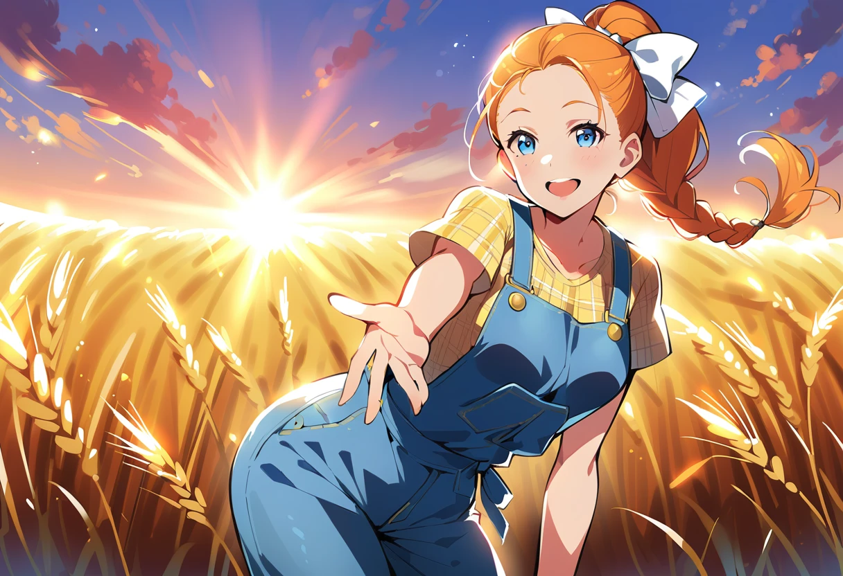 pewarnaan character, visual illustration, @ANN, ann \(harvest moon\), ran \(bokujou monogatari\), aged up, 1girl, solo, ponytail, braid, braided ponytail, single braid, forehead, solo, (overalls), outdoors, sky, wheat, field, (blue overalls), smile, blue eyes, wheat field, looking at viewer, breasts,short sleeves, yellow shirt, orange hair, blonde hair, cowboy shot, collarbone, collared shirt, cleavage, denim, upper teeth only, medium breasts, standing, teeth, oversized clothes, long hair, partially unbuttoned, pants, oversized shirt, buttons, head tilt, flat chest, hair bow, white bow, tomboy, round teeth, plaid shirt, denim overalls, mature female, tall, tall female, slim body, freckles, twilight, cloudy sky, scenery, reaching, grass, floating braid, sunset, cloud, scenery, jeans, bow, hair ribbon, sparkle, sunbeam, light rays, highres, 4k, 8k