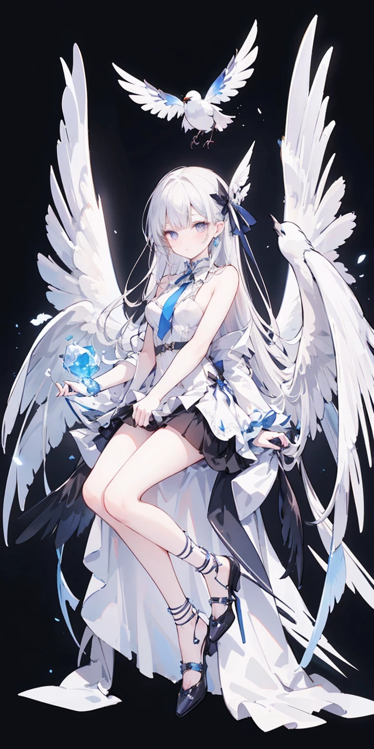 Oil painting frame，Big Perspective，Wide Angle，Impactful graphics，floating，sideways，Character Close-up，4K，masterpiece，best quality，ruins，(Transparent skirt，black background)，Clear，master，Various actions，Full body portrait,portrait,1 female, (Mature)，Long face，Pointed face，White long hair，Fairy，gemstone crow，Wings Dress,  Mecha,Fairy air，ribbon， diamond, Bare shoulders, crow, Looking at the audience, in the sky, fLight, Vibrant colors, Light, masterpiece, best quality, flight，Mature，asymmetrical clothes，HighLights，Long skirt，Own，Personal Photography