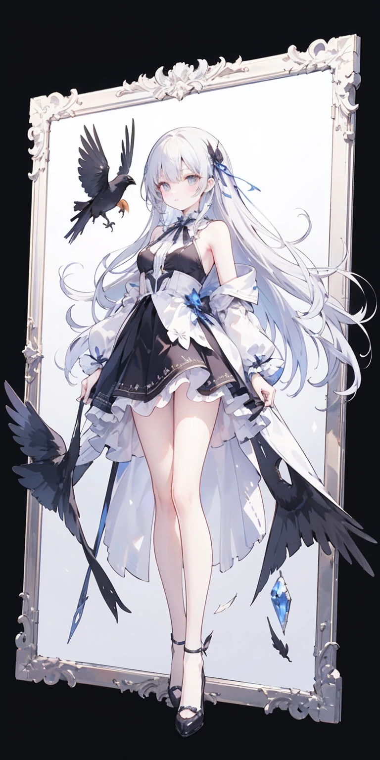 Oil painting frame,Big Perspective,Wide Angle,Impactful graphics,floating,sideways,Character Close-up,4K,masterpiece,best quality,ruins,(Transparent skirt,black background),Clear,master,Various actions,Full body portrait,portrait,1 female, (Mature),Long face,Pointed face,White long hair,Fairy,gemstone crow,Wings Dress, Mecha,Fairy air,ribbon, diamond, Bare shoulders, crow, Looking at the audience, in the sky, fLight, Vibrant colors, Light, masterpiece, best quality, flight,Mature,asymmetrical clothes,HighLights,Long skirt,Own,Personal Photography