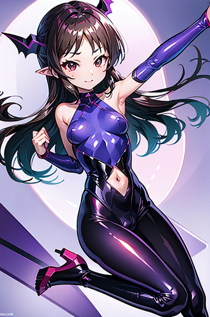 Draw a face carefully　High quality anime style faces　Super shiny skin　Black and purple leotard with red trim　Pink Pantyhose　Succubus　Lure　smile　Rear View