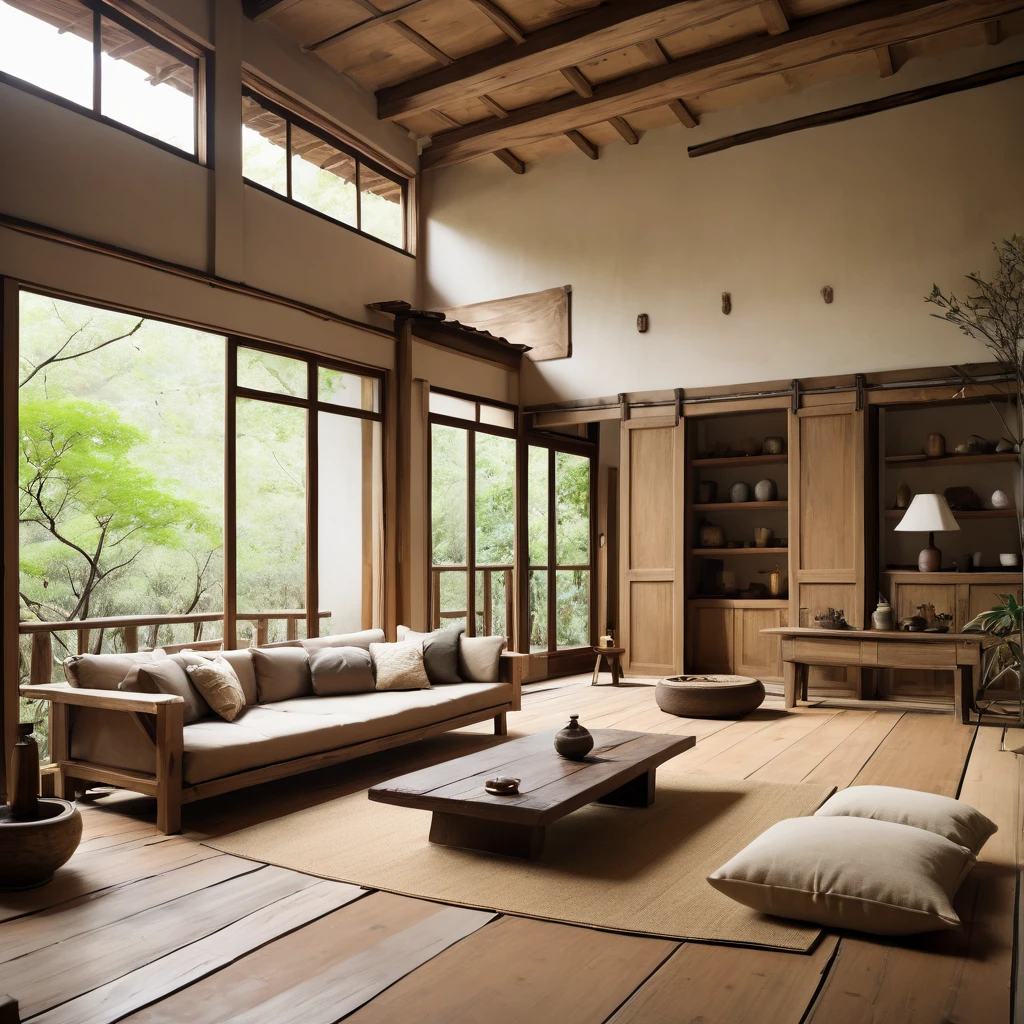 cinematic photo,mrares, ((wabi-sabi style:1.5)), (wabi-sabi_style:1.5), (Zen:1.5),(wabi-sabi elements:1.3), traditional living room, simple style, living room, home, wooden floor, there is a sofa placed in the space, wide angle,long-focus,depth of field, . 35mm photograph, film, bokeh, professional, 4k, highly detailed