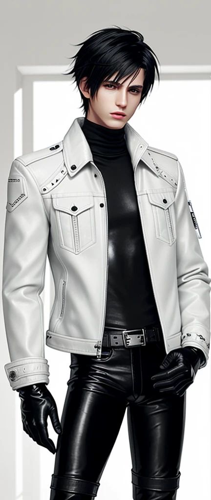 Final fantasy taste and reality graphics, Japanese young cute and cool ikemen boy, his age is early 20s, thin eyebrows and beady eyes, he wearing off white color leather thick material jacket, jacket is singlebrest, biker style jacket, with epaulet, jacket is long sleeve, must close the front of the leather jacket, , jacket is voluminous, ,must jacket is high length and stand-up collar with two belts, jacket is a little black color line pattern,close the front of the jacket, also wearing black thick material turtleneck lackluster shirts, tight black leather pants, shiny black leather tight and thin glove, black leather knee-high raceup boots,must views head-to-toe,must views whole body, boy looks like fashion model,Do not show skin from the neck down,leather jacket leather glove and leather pants have few wrinkles,boy in the room,Avoid showing your innerwear