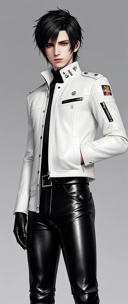 Final fantasy taste and reality graphics, Japanese young cute and cool ikemen  boy, his age is early 20s, thin eyebrows and beady eyes,  he wearing off white color leather  thick material jacket, jacket is singlebrest, biker style jacket, with epaulet, jacket is long sleeve, must close the front of the leather jacket, , jacket is voluminous, ,must jacket is high length and stand-up collar with two belts, jacket is a little black color line pattern,close the front of the jacket, also wearing black thick material turtleneck lackluster shirts,  tight black leather pants, shiny black leather tight and thin glove, black leather knee-high raceup boots,must views  head-to-toe,must views whole body, boy looks like fashion model,Do not show skin from the neck down,leather jacket leather glove and leather pants have few wrinkles,boy in the room,Avoid showing your innerwear
