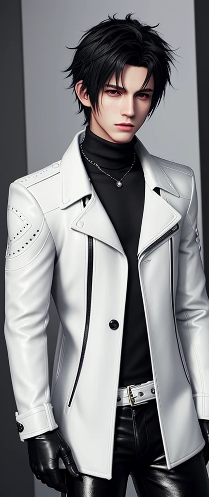 Final fantasy taste and reality graphics, Japanese young cute and cool ikemen boy, his age is early 20s, thin eyebrows and beady eyes, he wearing off white color leather thick material jacket, jacket is singlebrest, biker style jacket, with epaulet, jacket is long sleeve, must close the front of the leather jacket, , jacket is voluminous, ,must jacket is high length and stand-up collar with two belts, jacket is a little black color line pattern,close the front of the jacket, also wearing black thick material turtleneck lackluster shirts, tight black leather pants, shiny black leather tight and thin glove, black leather knee-high raceup boots,must views head-to-toe,must views whole body, boy looks like fashion model,Do not show skin from the neck down,leather jacket leather glove and leather pants have few wrinkles,boy in the room,Avoid showing your innerwear