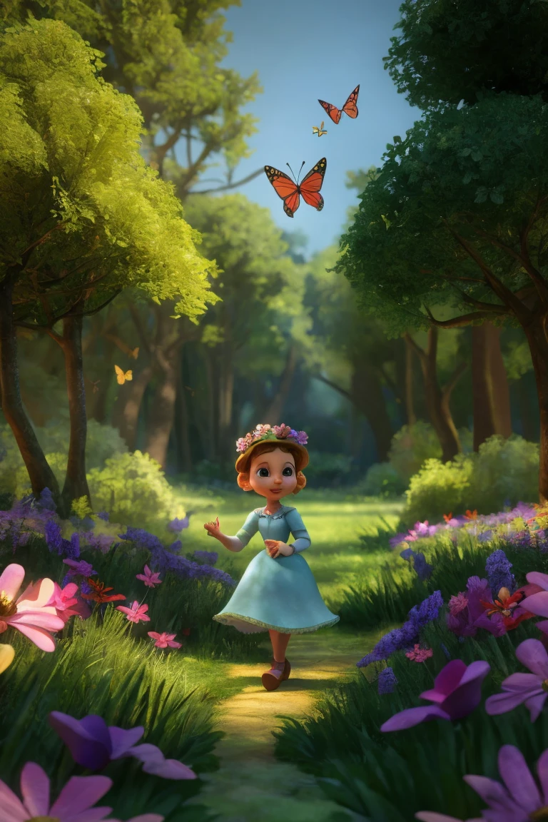 little 2-3 old years girl in forest surrounded by trees, flowers, birds, butterflies, 3d effect, 3d walt disney movie style