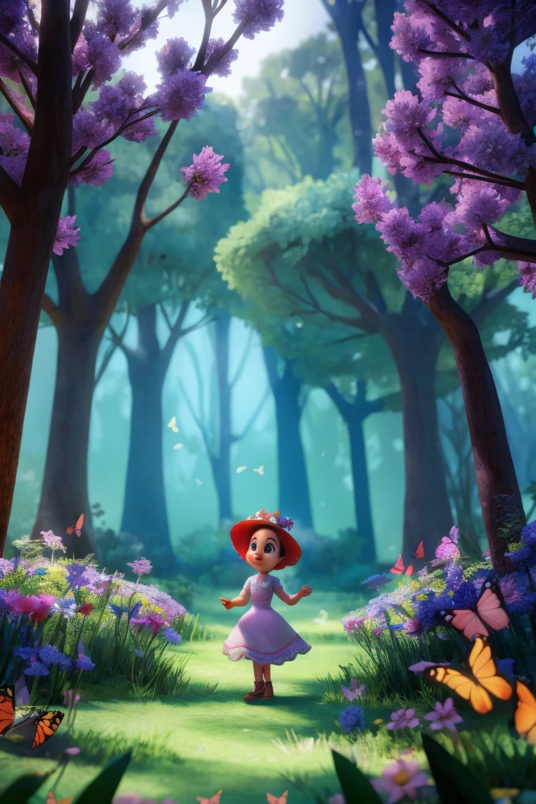 little 2-3 old years girl in forest surrounded by trees, flowers, birds, butterflies, 3d effect, 3d walt disney movie style
