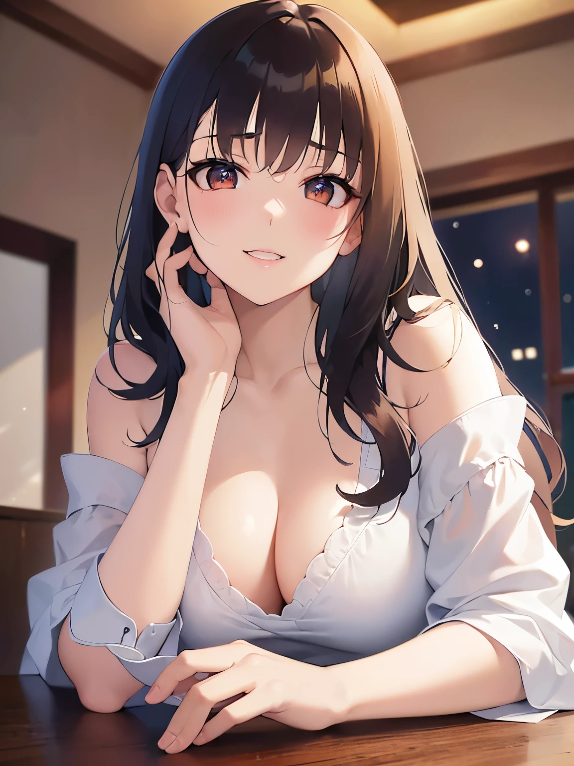 cleavage、head tilt, Realistic, real person, (pale skin: 1.2), RAW photo, photorealistic, shiny skin, shiny hair、(A 25-year-old woman with medium-length hair and bangs) and (wavy hair) and (brown hair) and (Orange Eyes) , (white) and (off shoulder blouse) 、(blush:1.3), smile、Alone、Sitting、Dining table in the background、(night:1.5)