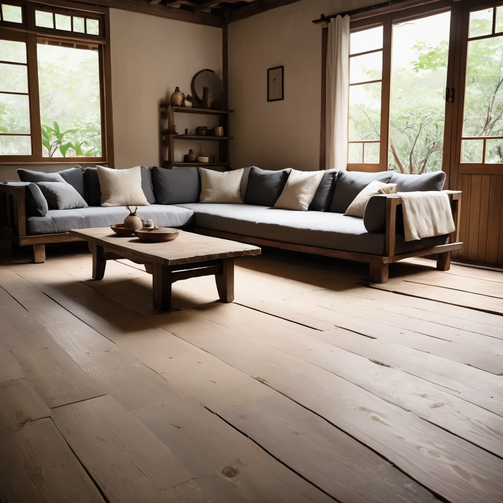 cinematic photo,mrares, ((wabi-sabi style:1.5)), (wabi-sabi_style:1.5), (Zen:1.5),(wabi-sabi elements:1.3), traditional living room, simple style, living room, home, wooden floor, there is a sofa placed in the space, wide angle,long-focus,depth of field, . 35mm photograph, film, bokeh, professional, 4k, highly detailed
