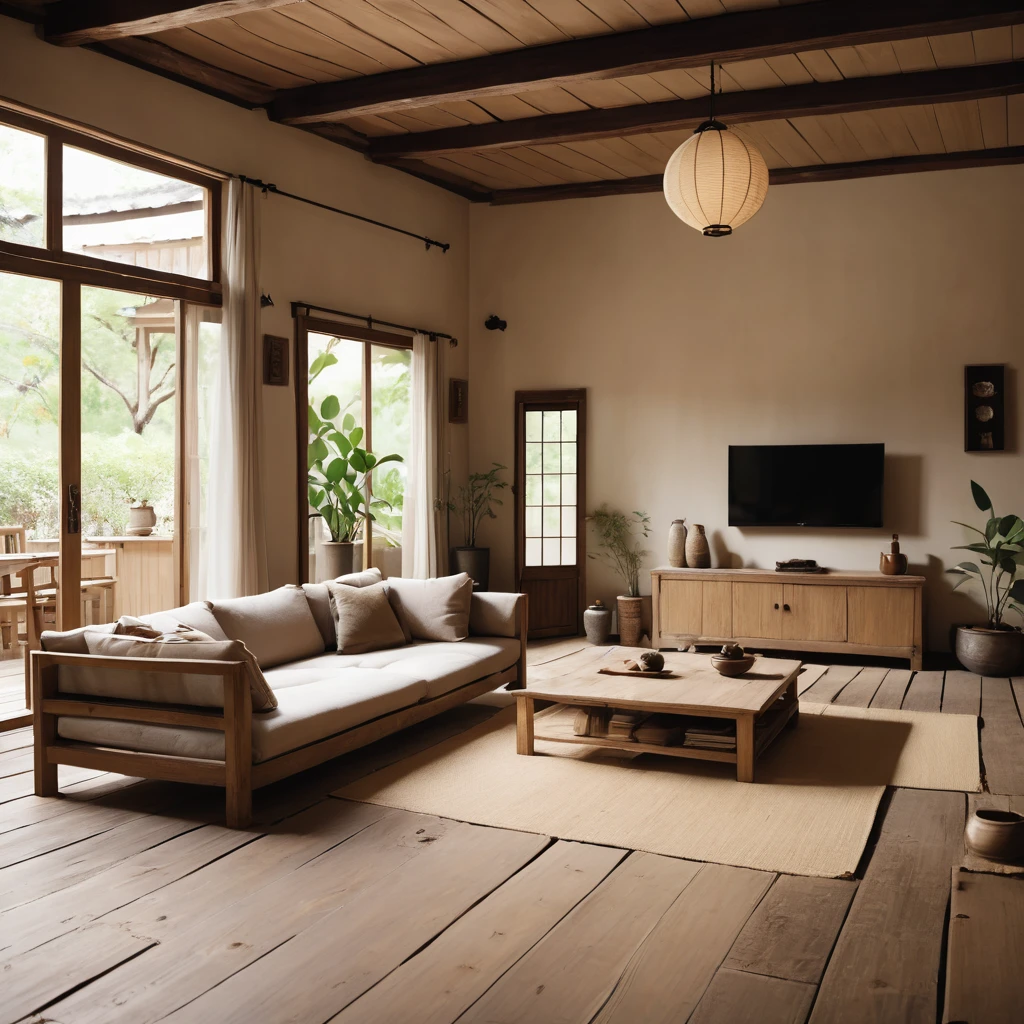 cinematic photo,mrares, ((wabi-sabi style:1.5)), (wabi-sabi_style:1.5), (Zen:1.5),(wabi-sabi elements:1.3), traditional living room, simple style, living room, home, wooden floor, there is a sofa placed in the space, wide angle,long-focus,depth of field, . 35mm photograph, film, bokeh, professional, 4k, highly detailed
