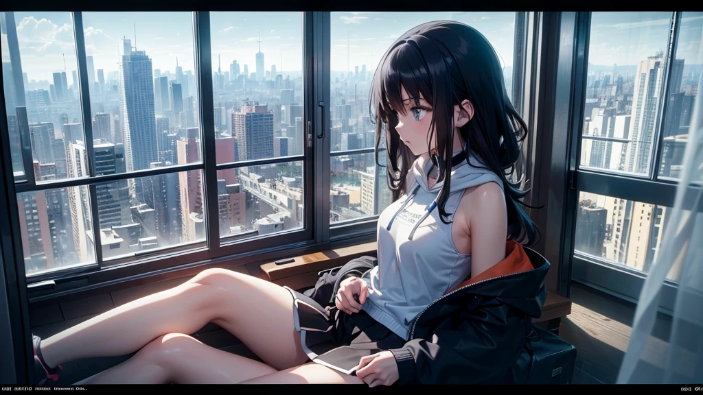 Ultra-high resolution, 8K, (Official Art, beautifully、mysterious:1.2), Anime Art Wallpaper, Works by Makoto Xin Haicheng, Lofi Art Style, Lo-fi feel, Perfect human body composition, Perfect skeleton, Impressive eyes, Oversized hoodie and short skirt, Shiny long black hair, Larger than average bust, Girl listening to music with headphones, Looking out the window, City Room, A room for music lovers, city view from the window, Impressive cityscape, Bright Sky, meteor, Wide angle