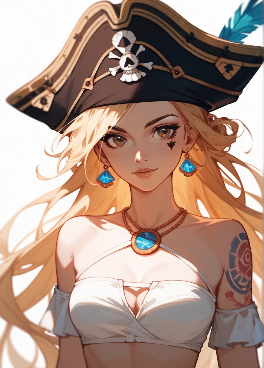 (Fraction_9,Fraction_8_Direction_7_up),1 Woman,Maiden pirate,blond,Brown eyes,hat,Tattoo,White bandeau,beautiful_Face,