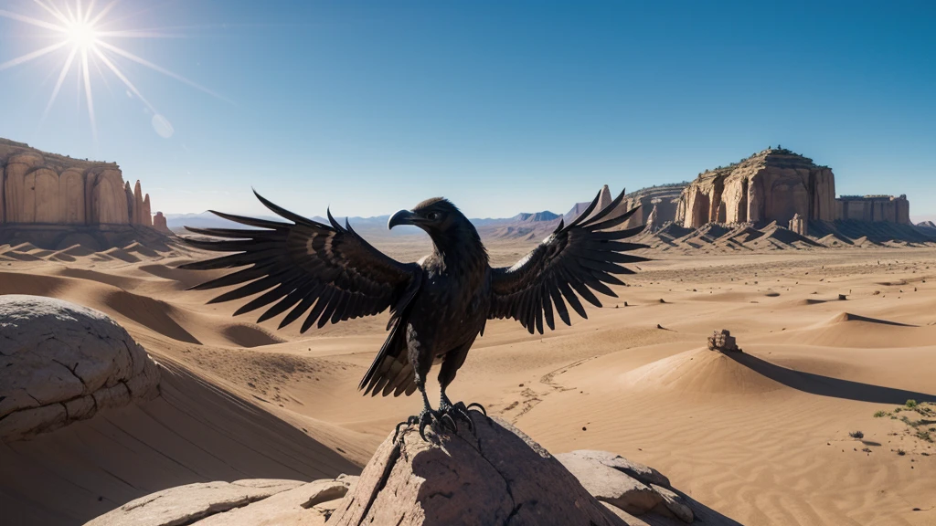 High-quality AI image creation: a giant raven and a hawk in an epic showdown in the desert. The hawk, with shiny black feathers and piercing eyes, is positioned on a rocky cliff, while the crow, with brown feathers and open wings, is about to attack from above. The desert setting is vast and arid, com dunas de areia, cacti and a clear blue sky. Sunlight at dusk creates dramatic shadows and highlights the details of the birds and terrain. The image must capture the tension and majesty of this moment of imminent battle.