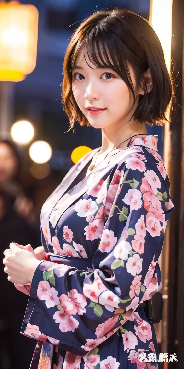 Highest quality、8K、32k、masterpiece、Hmph:1.2)、Cute Japanese Women Photos、Very short bob hair、Upper body、Face Focus、Black floral yukata、necklace、Summer festival、night、Looking at the audience、