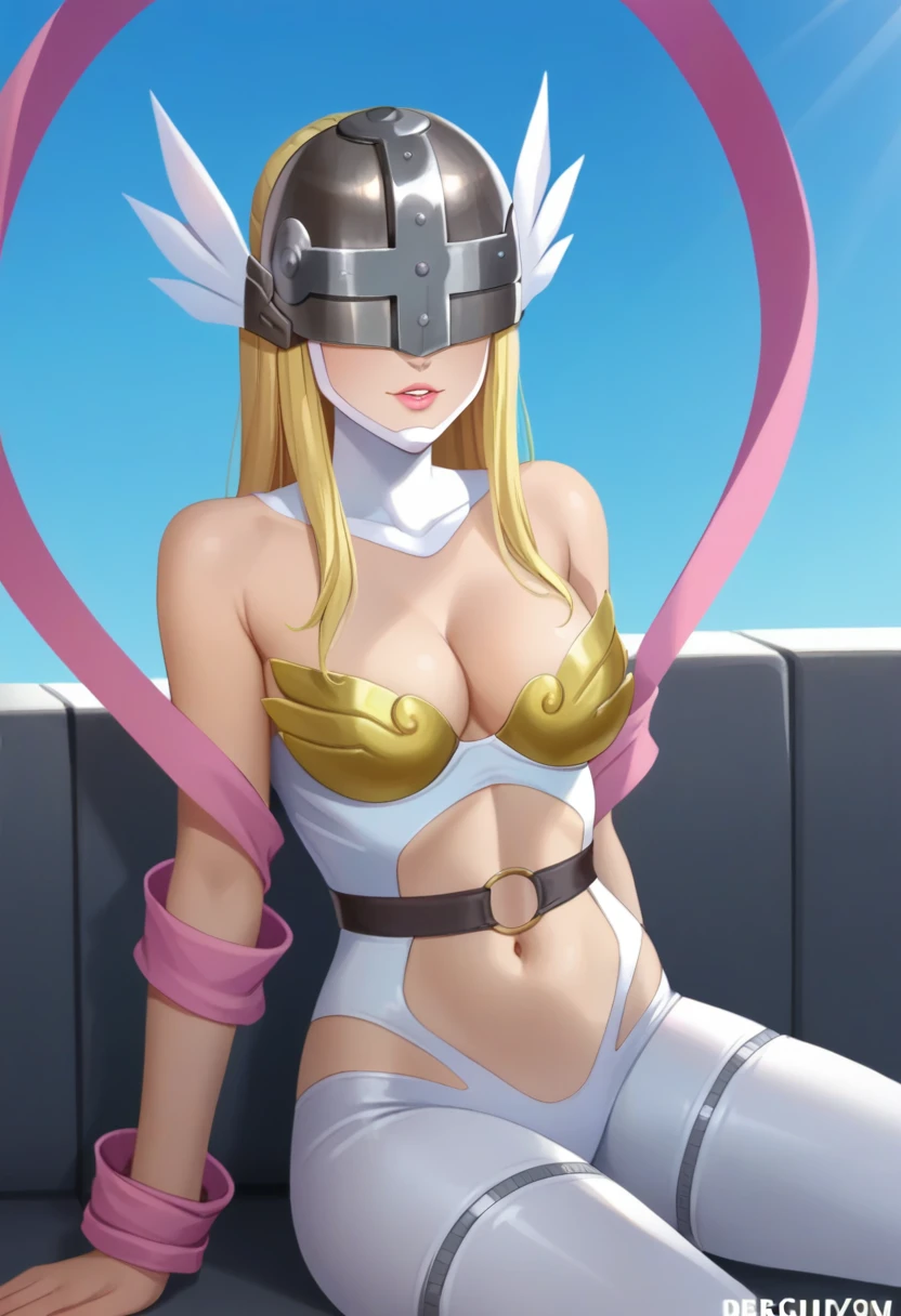 score_9_up, score_8_up, score_7_up, 1girl, solo, mature female, ((Angewomon)), (((long blonde hair, metal helmet))), angel wings, pink lips, parted lips, fit slim body,((perfect medium  breast)), (((tight white suit with gold bra))), ((roof of skyscraper)), perfect model body, looking at the viewer, sitting on the sofa in seductive pose