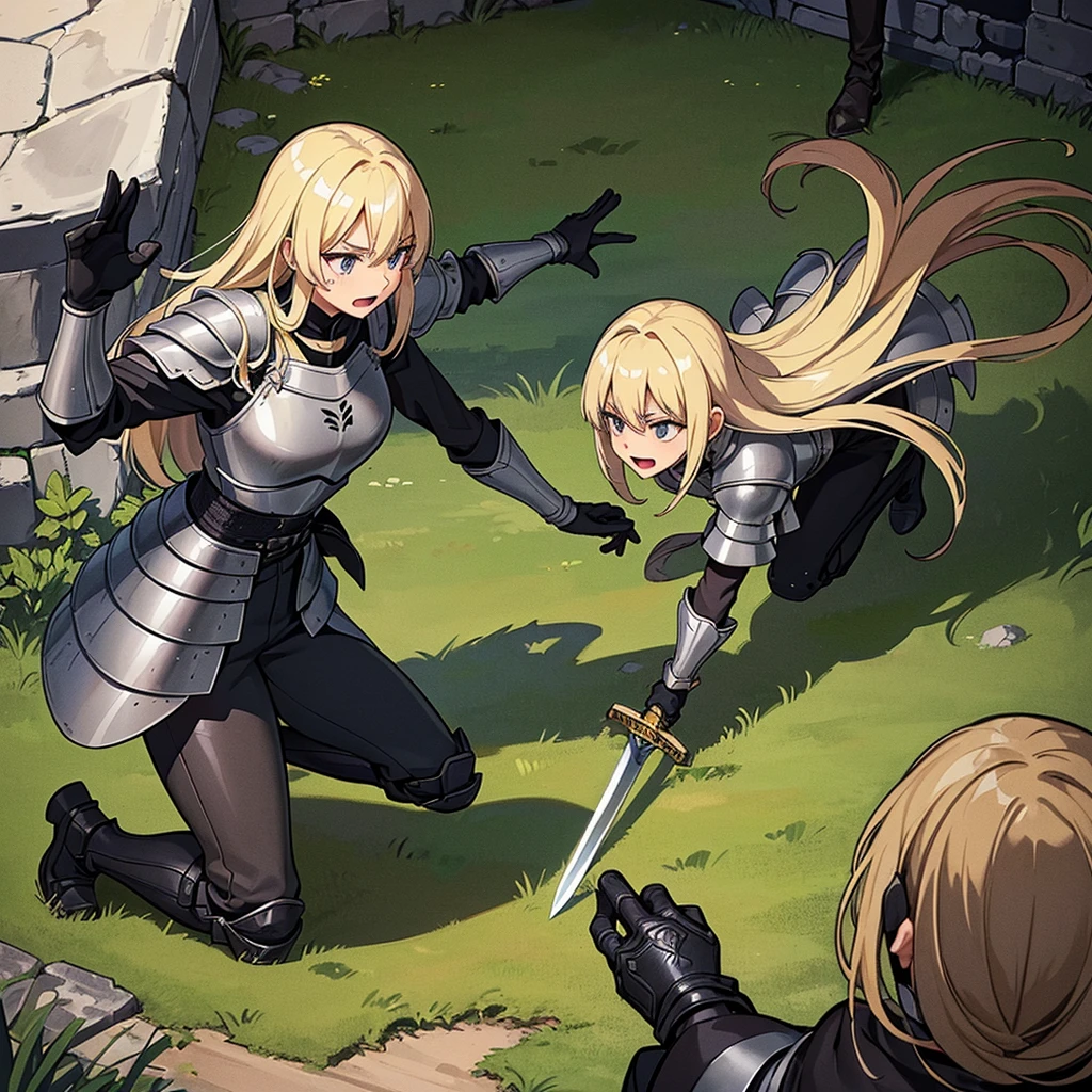 Best illustrations、Best Quality、(Full body character concept、detailed)、(((Simple grey armor、Black trousers、Black gloves、woman、18-year-old、Blonde、Long Hair)))、(((Grab the sword、Get Ready)))、(From above)、(Old ruins、Grass)、Fall to the floor、(Black, muddy swamp)、(中世の騎士が10 people)、(anxiety、impatience、Open your mouth、shout)、(lots of medieval knights、10 people)、battlefield
