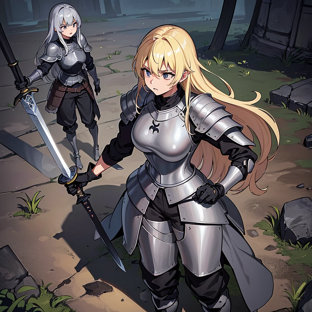 Best illustrations、Best Quality、(Full body character concept、detailed)、(((Simple grey armor、Black trousers、Black gloves、woman、18-year-old、Blonde、Long Hair)))、(((Grab the sword、Get Ready)))、(From above)、(Old ruins、Grass)、Fall to the floor、(Black, muddy swamp)、(中世の騎士が10 people)、(anxiety、impatience、Open your mouth、shout)、(lots of medieval knights、10 people)、battlefield