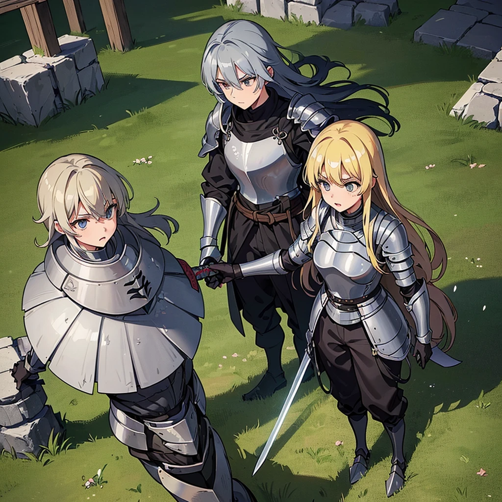 Best illustrations、Best Quality、(Full body character concept、detailed)、(((Simple grey armor、Black trousers、Black gloves、woman、18-year-old、Blonde、Long Hair)))、(((Grab the sword、Get Ready)))、(From above)、(Old ruins、Grass)、Fall to the floor、(Black, muddy swamp)、(中世の騎士が10 people)、(anxiety、impatience、Open your mouth、shout)、(lots of medieval knights、10 people)、battlefield