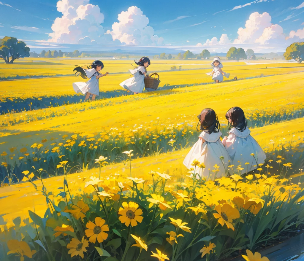 Blue sky,White Cloud,Oilseed flower field,A group of children are playing