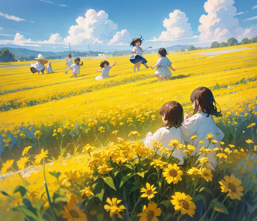 Blue sky,White Cloud,Oilseed flower field,A group of children are playing