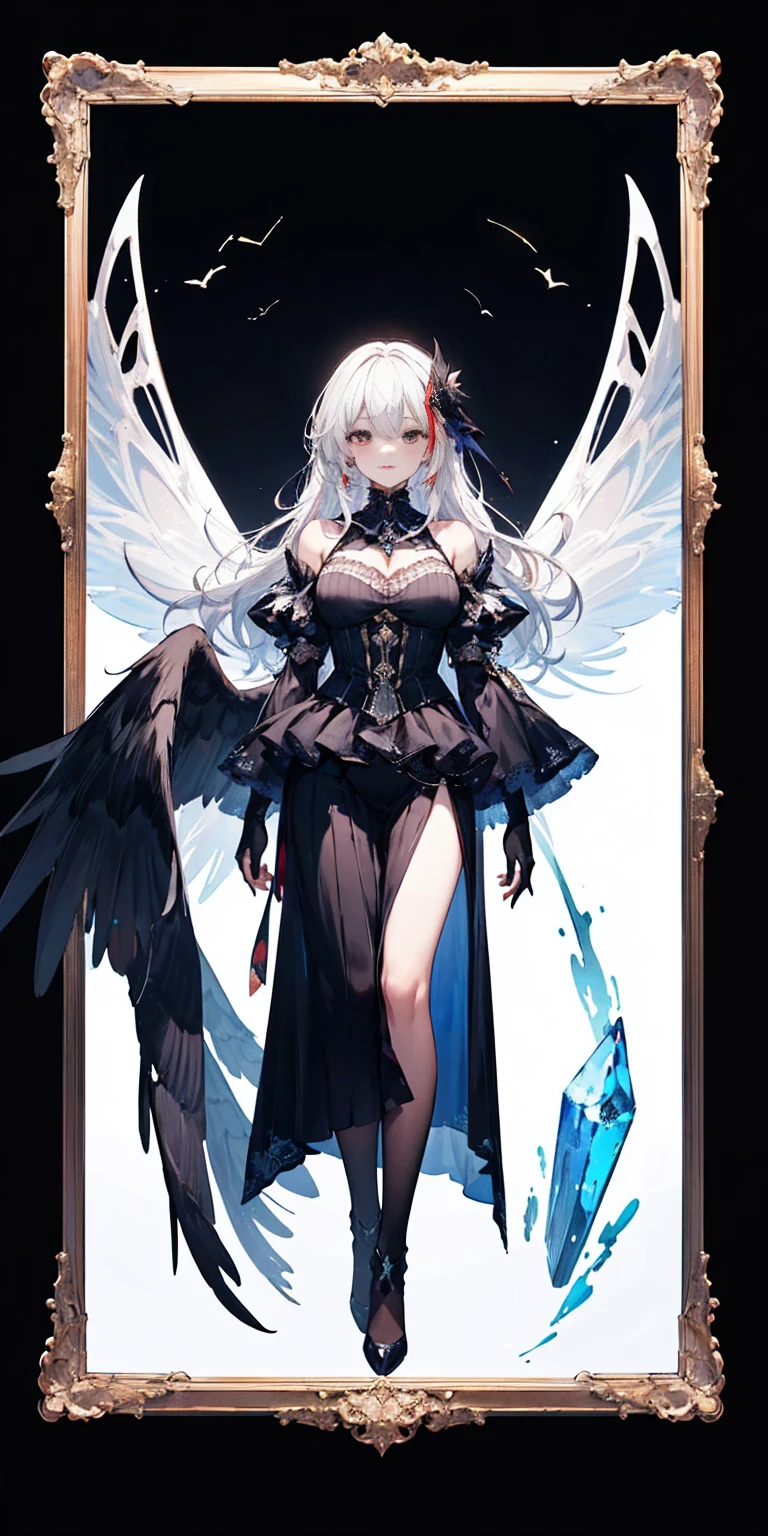 Oil painting frame,Big Perspective,Wide Angle,Impactful graphics,floating,sideways,Character Close-up,4K,masterpiece,best quality,ruins,(Transparent skirt,black background),Clear,master,Various actions,Full body portrait,portrait,1 female, (Mature),Long face,Pointed face,White long hair,Fairy,gemstone crow,Wings Dress, Mecha,Fairy air,ribbon, diamond, Bare shoulders, crow, Looking at the audience, in the sky, fLight, Vibrant colors, Light, masterpiece, best quality, flight,Mature,asymmetrical clothes,HighLights,Long skirt,Own,Personal Photography