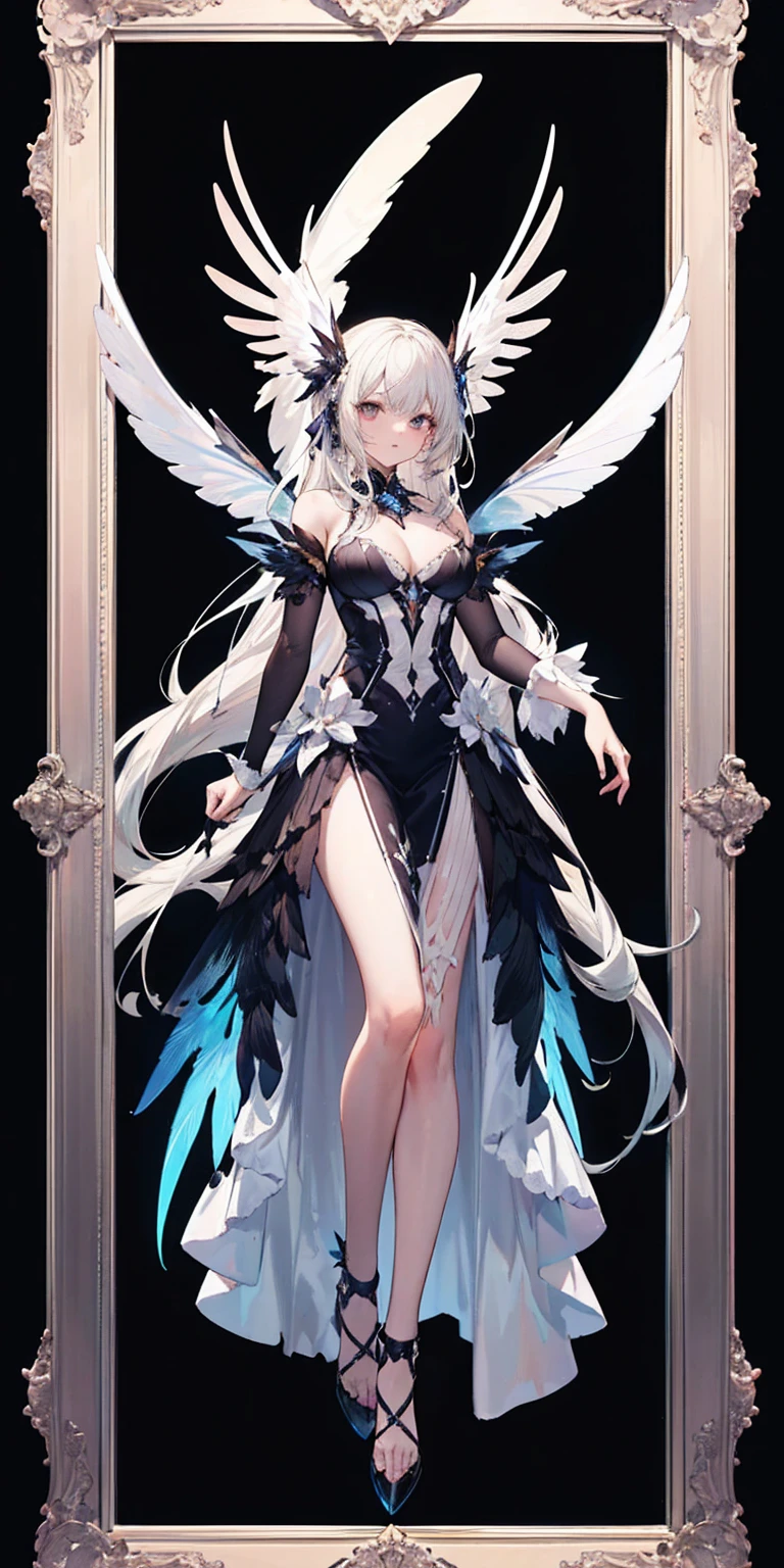 ((best quality)), ((masterpiece)), (detailed), 1girl, NSFW, long white grey hair, grey white eyes, very skinny, detailed, best quality, prominent collarbones, skinny arms, flat stomach, visible hip bones, small breasts, full body, red and white clothing, occult aesthetic, occult, detailed and intricate steampunk and detailed gothic, NSFW, Fluttering lace flared long knee length dress with frilly petticoats, knee length dress, pleated petticoats, petticoats gothic, complex lace boots, gothic aesthetic, wielding a mighty sword with mechanical components, mandalas, small breasts, a fairy, various different types of insect wings, bug wings, beetle wings, NSFW, full body, whole body, body, chains,