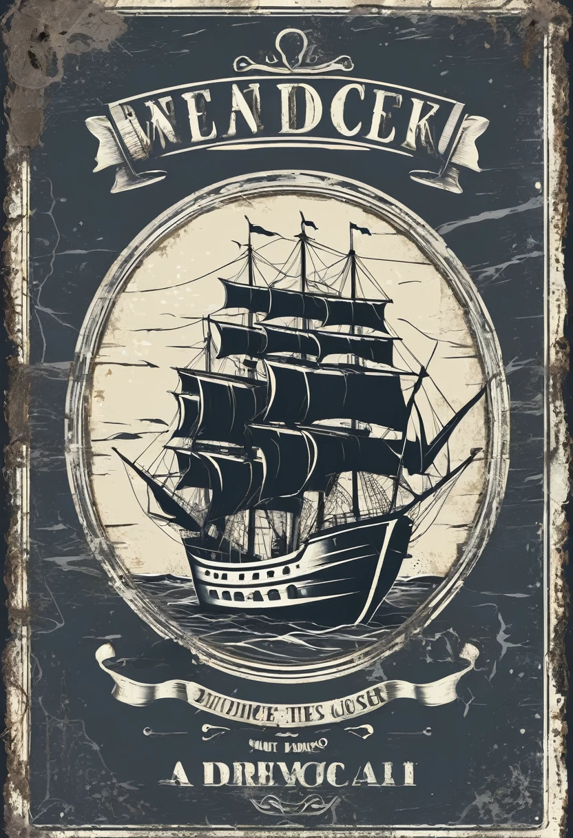 A poster cover,Medieval retro style,Nautical theme,Wreck,Dark gray background,Retro shabby atmosphere,Caribbean Type