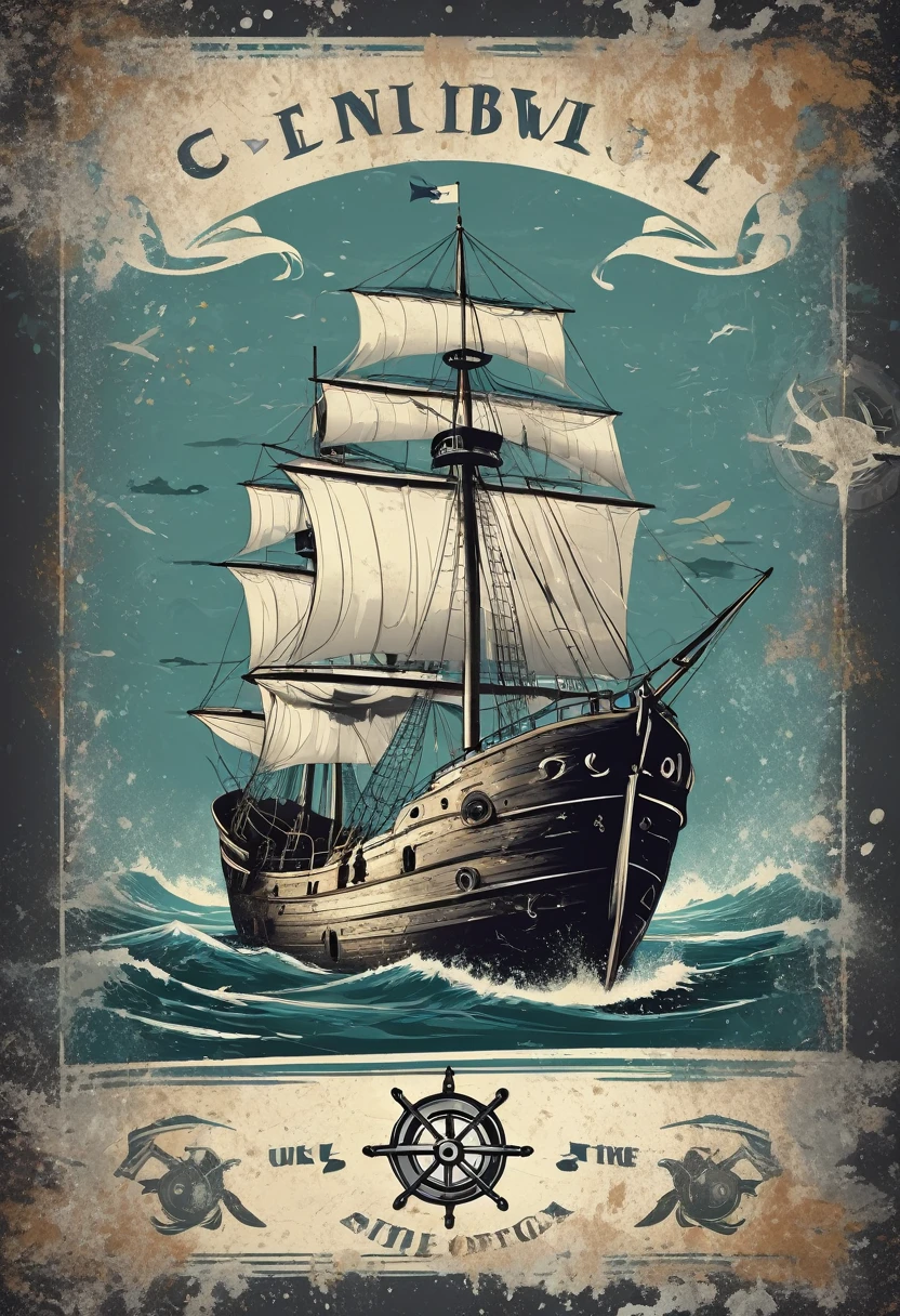 A poster cover，Medieval retro style，Nautical theme，Wreck，Dark gray background，Retro shabby atmosphere，Caribbean Type