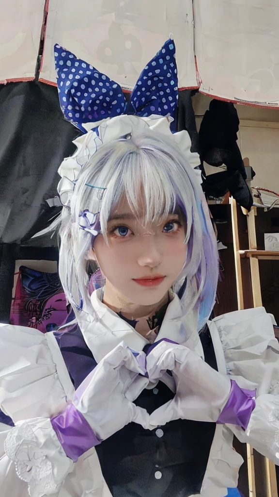 Highest quality,anime role play skirted in white and purple outfit with blue bow, anime role play, anime girl role play, role play of a catboy! maid! skirt, role player, role play, anime girl in a maid costume, 2b, 2 b, Deer Meet, Double ponytail white_Gloves, Sakimichan, role play photo, White hair deity, White hair, White hair