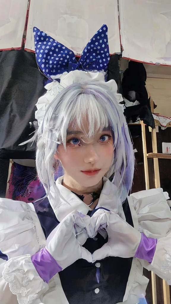 Highest quality,anime role play skirted in white and purple outfit with blue bow, anime role play, anime girl role play, role play of a catboy! maid! skirt, role player, role play, anime girl in a maid costume, 2b, 2 b, Deer Meet, Double ponytail white_Gloves, Sakimichan, role play photo, White hair deity, White hair, White hair
