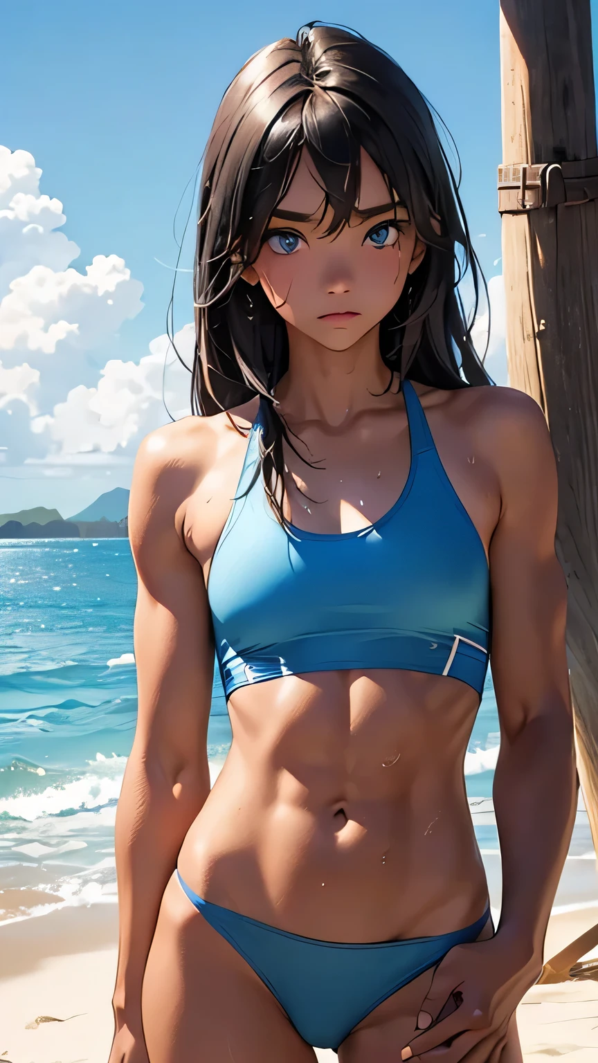 highest quality、Realistic、girl、zoom、Light blue eyes、Long Hair、Light blue swimsuit、Tanned black body、A well-trained body、muscle、Abdominal muscles、AthleteBlondeBlackSkin、slender、Sweat、Small breasts、Ocean、Bust Shot