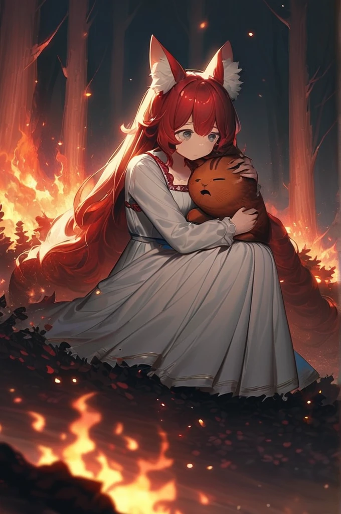 ((Лучшее качество)), ((шедевр)), (подробный), fox girl, long red hair, voluminous fluffy hair, fox ears, neko, gray eyes, tears, screams , hysterics, ??????????????, (??????????????:1.3), in a white dress, sitting on his knees, holding a dead loved one, hugging a dead guy to himself, tears , hysteria, background burning forest , fire, fire