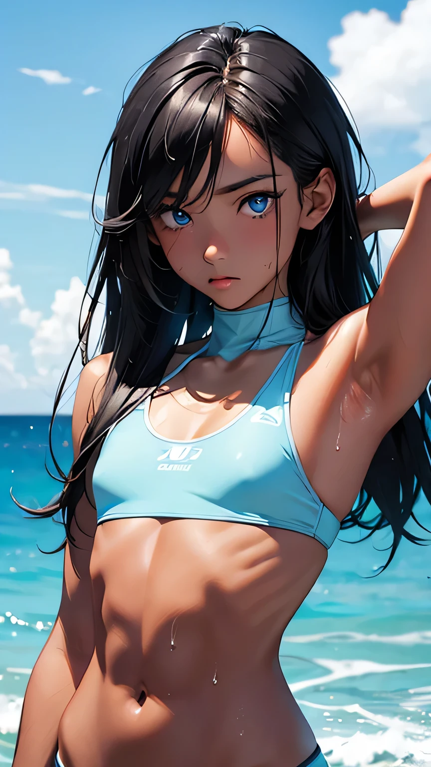 highest quality、Realistic、girl、zoom、Light blue eyes、Long Hair、Light blue swimsuit、Tanned black body、A well-trained body、muscle、Abdominal muscles、AthleteBlondeBlackSkin、slender、Sweat、Small breasts、Ocean、Bust Shot