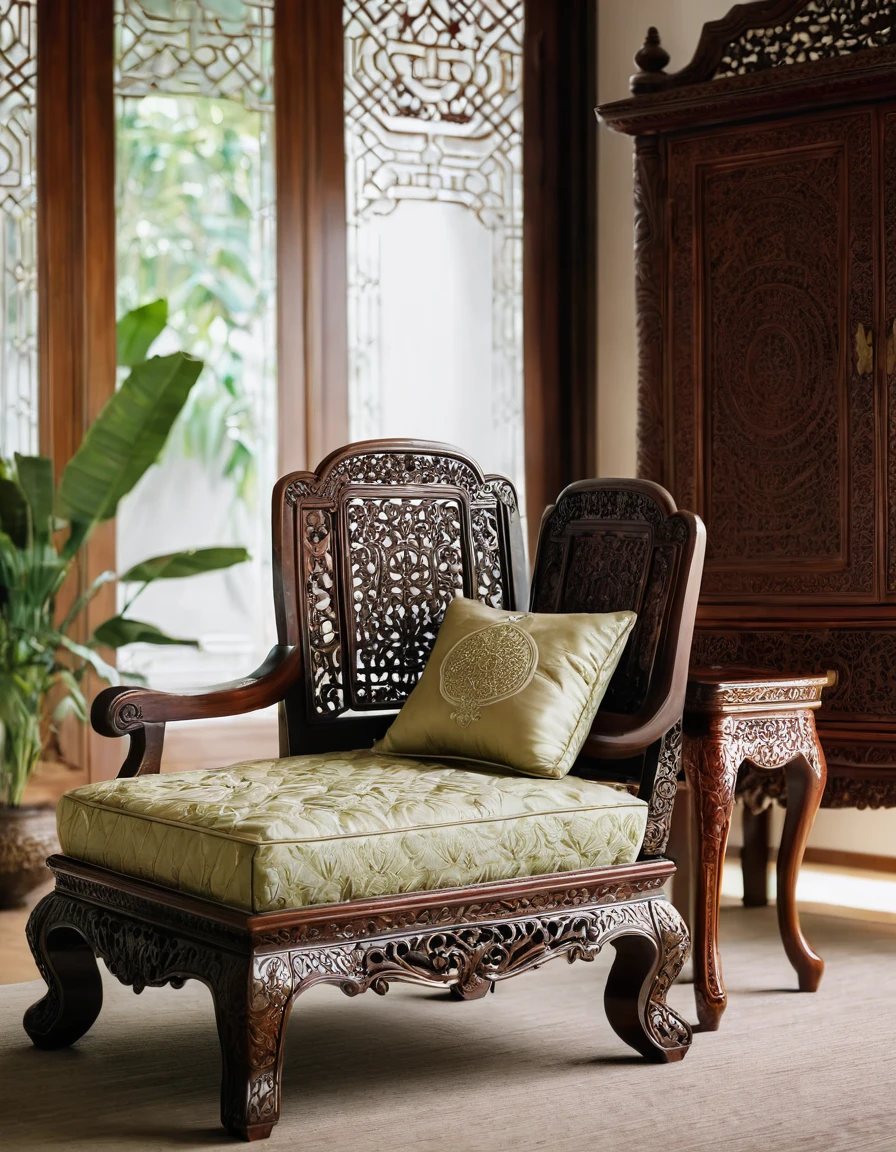 Close-up shot of a classic wooden armchair in an Indochinese-style bedroom. The chair features intricately carved armrests and legs, with a plush cushion in a rich, vibrant fabric. The depth of field (dof) effect focuses on the chair's craftsmanship and fabric texture, while the background, including a wooden wardrobe and decorative elements, is softly blurred. The natural light from a nearby window enhances the room's warm, inviting feel.

8k resolution, UHD, high-quality detail, depth of field (dof) effect, cinematic standards, Indochinese style, intricate carvings, rich fabrics, warm lighting, artistic composition, elegant bedroom, natural light.
