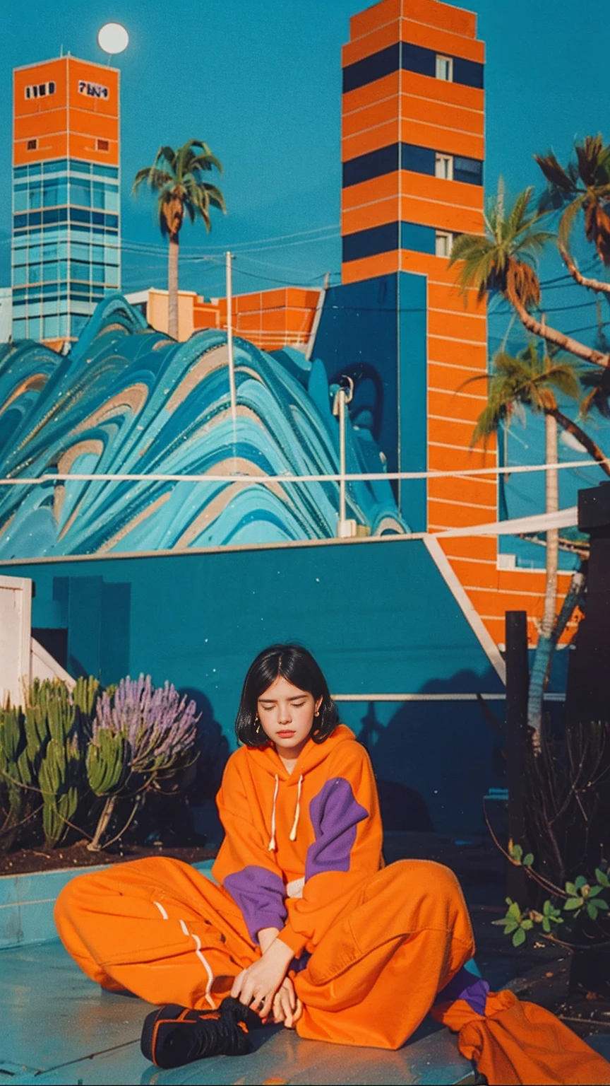 analog film photo cinematic photograph long shot portraits by Wes Anderson, cute 23 yo girl ,fokus, bokeh ,wear ((orange color oversized_hoodie)), wear ((purple tennis skirt)),looking front,Best Quality,Masterpiece,Ultra High Resolution,(Realisticity:1.4),Original Photo, 1Girl, light leak,ultra high resolution,UHD,beautiful, (black bob hair), almond eye, no makeup, in front of (80's mondrian architecture motel), (realistic:1.2), (surreal:1.3), (very detailed:1.1), ((masterpiece)),summer, blue sky, palm trees,sunny, los angles vibes,film camera, 800mm lens,style of Philip Lorca diCorcia