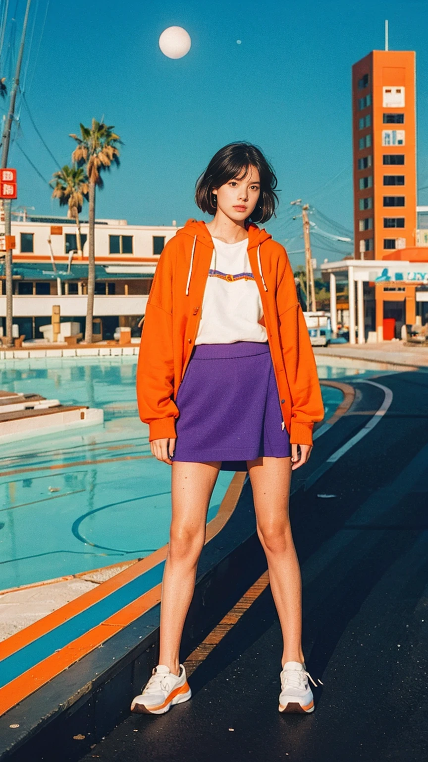 analog film photo cinematic photograph long shot portraits by Wes Anderson, cute 23 yo girl ,fokus, bokeh ,wear ((orange color oversized_hoodie)), wear ((purple tennis skirt)),looking front,Best Quality,Masterpiece,Ultra High Resolution,(Realisticity:1.4),Original Photo, 1Girl, light leak,ultra high resolution,UHD,beautiful, (black bob hair), almond eye, no makeup, in front of (80's mondrian architecture motel), (realistic:1.2), (surreal:1.3), (very detailed:1.1), ((masterpiece)),summer, blue sky, palm trees,sunny, los angles vibes,film camera, 800mm lens,style of Philip Lorca diCorcia