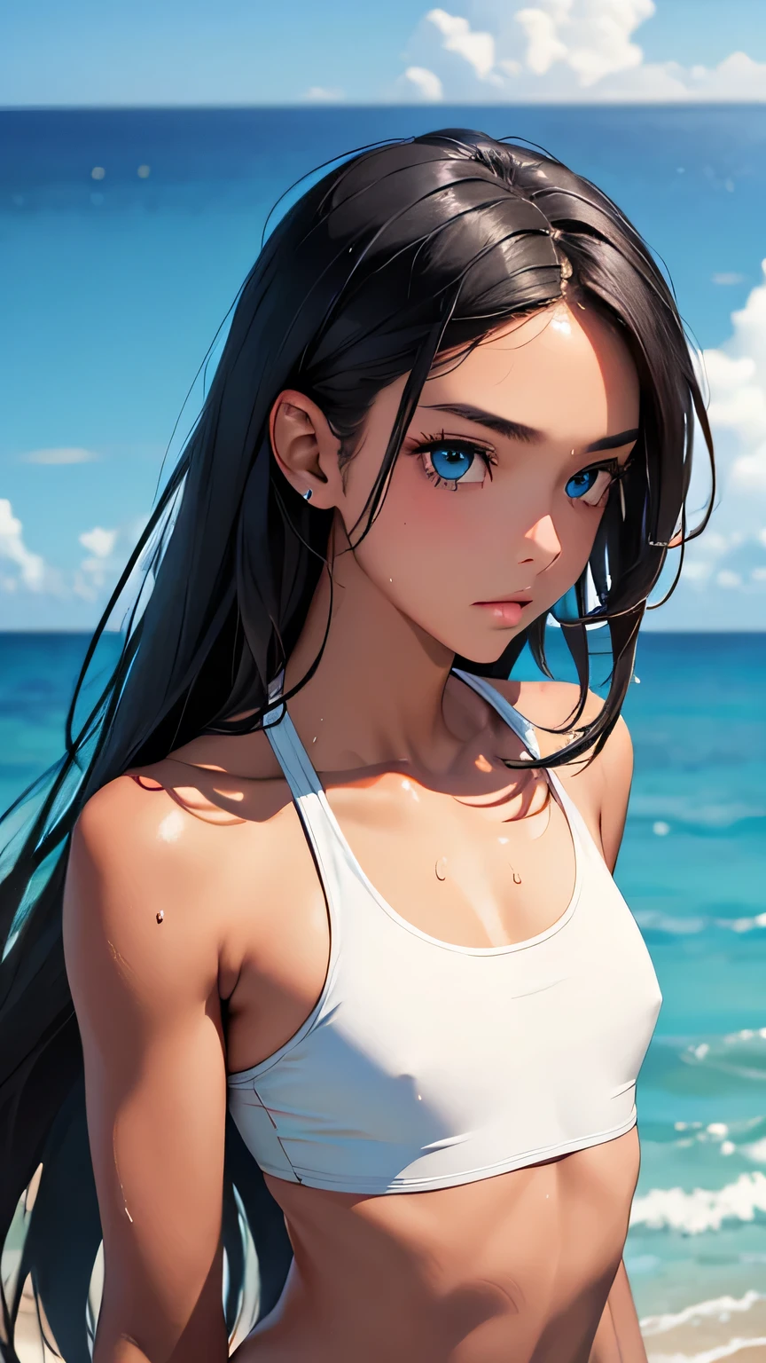 highest quality、Realistic、girl、zoom、Light blue eyes、Long Hair、Light blue swimsuit、Tanned black body、A well-trained body、muscle、Abdominal muscles、AthleteBlondeBlackSkin、slender、Sweat、Small breasts、Ocean、Bust Shot