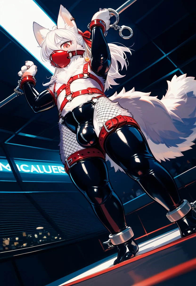 Highest quality, Highest quality, High quality illustrations, masterpiece, Ultra-high resolution, Detailed Background, club, Auction Venue, Absurd, Perfect Anatomy, Performance, Good lighting, Shadows in the movie(kemono, Furry Personification), Rubber Suit, latex, Fishnet tights, ribbon, Earrings, male, Handcuffs, Shackles, Red harness, gag, Being restrained, 後ろ手にBeing restrained, Bondage, null bulge, On display, Dynamic Angle